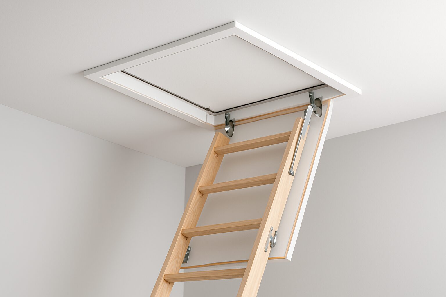 Wooden loft ladder extending from ceiling hatch